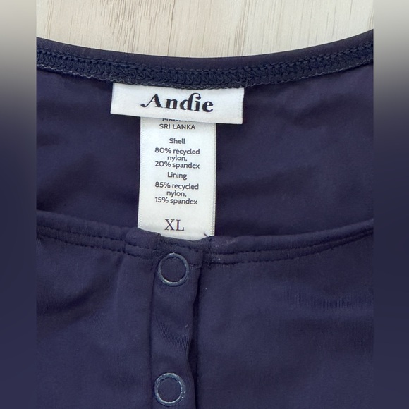 Andie the Malibu onepiece swimsuit navy snap button neck medium bottom coverage - Picture 5 of 7